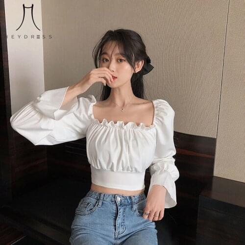 Autumn New Arrival Square Collar Chiffon Elegant Ins Blouses Women Black Puff Sleeve Sexy Ladies Lovely Trendy Slim Cropped Top