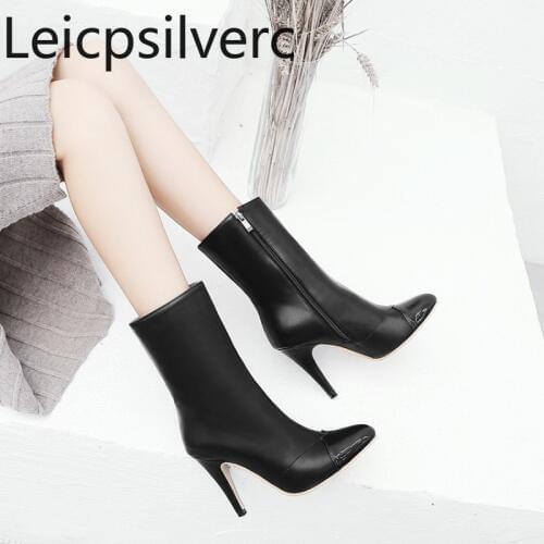 Womens Boots Autumn And Winter The New Pointed zipper Mixed Colors Fine heel High heel Middle tube Womens shoe plus size 28-52