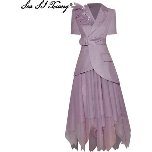 Seasixiang Fashion Designer Summer Suit Women Beading Short Sleeve Coat + Elastic Waist Mesh Skirt Asymmetrical Two Piece Set