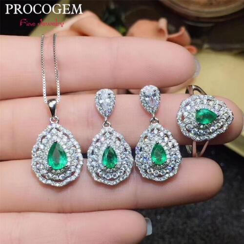 PROCOGEM Natural Emerald fine Jewelry 4Pcs sets for Women Party gifts Necklace Ring Earrings Real gems 925 Sterling Silver #637