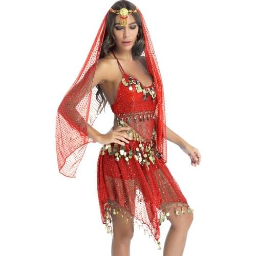 Women Sparkling Sequin Tassels Outfits Stage Belly Dance Performance Costume Halter Padded Bra Crop Top with Skirt Veil Headwear