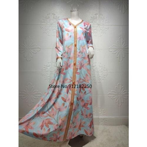 Plus Size Muslim Dress Women Dubai Turkish Long Robe Kimono Print Ethnic Long Sleeve Wild Dresses Pocket Abaya Islamic Clothing