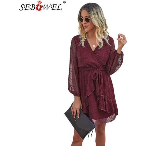 SEBOWEL Fashion Long Sleeve Women Chiffon Dress with Ruffles Autumn Lady V-neck Elastic Waist Sashes Wrapped Mini Dresses