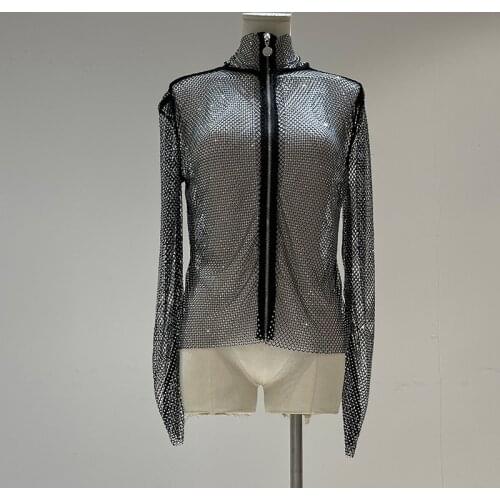 H80&S90 New Rhinestone Clubwear Sexy Hollow Out Diamond Long Sleeve Blouse Women Fashion Slim Fit Cardigan Turtleneck Tops