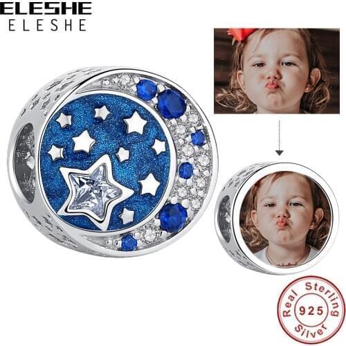 100% 925 Sterling Silver Custom Photo Charm Beads Moon Star Goodnight Crystal Charms Fit Original Bracelet Luxury DIY Jewelry
