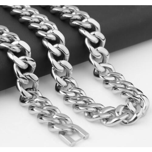 15mm 7-40inch Sporty Heavy Stainless Steel Link Polished Silver Color Cuban Chain Mens Boys Necklace Or Bracelet Daily Jewelry