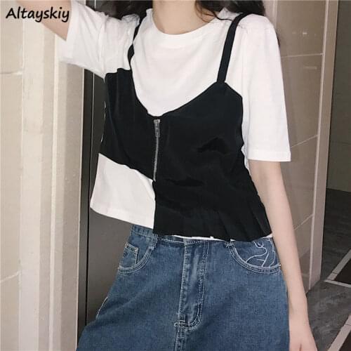 T-shirts Women Patchwork Design Loose Fashion Ulzzang Simple Crop Top New Summer Chic Ladies Leisure Harajuku O-neck Soft Ins