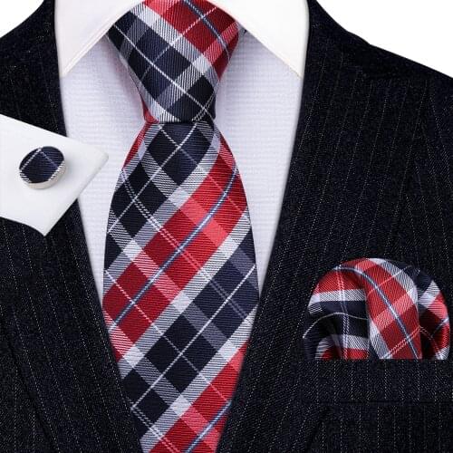 Fashion Retro Red Plaid 100% Silk Tie Gifts For Men Gifts Suit Wedding Tie Barry.Wang NeckTies Hanky Sets Business LN-5328