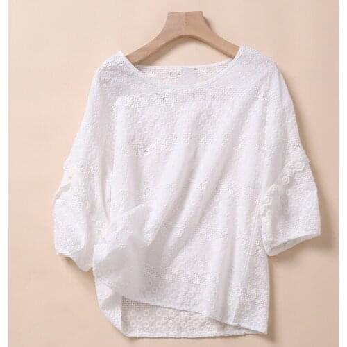 Cotton 100% White Women Blouse Summer New 2021 O-Neck Ruffles Lace Embroidery Loose Elegant Office Lady Pulls Outwear Tops