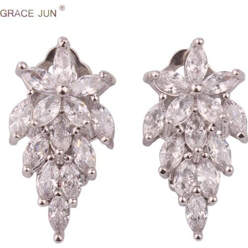 GRACE JUN New Luxury Copper AAA Cubic Zircon Flower Leaf Clip on Earrings for Women Hypo-Allergenic No Pierced Earrings