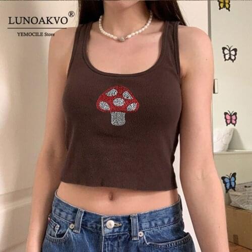 Y2K Brown Cami Mushroom Diamond U-neck Sleeveless Crop Top Indie Aesthetics Vintage Cute Tank Top 90s Streetwear Outfits 2021