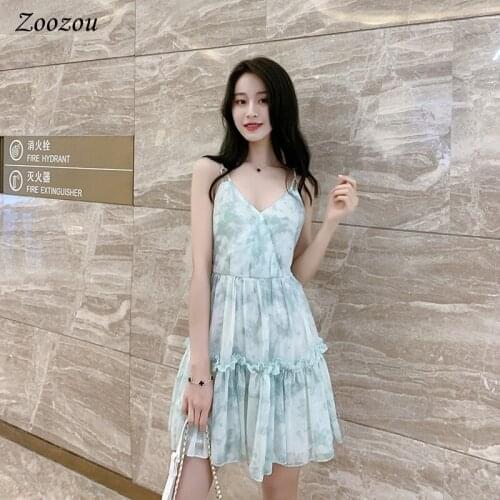 Summer Sweet Girl Spaghetti Strap Print Dress Blue V Neck Loose Midi Dresses 2021 Preppy Style Sleeveless Casual Pleated Dress