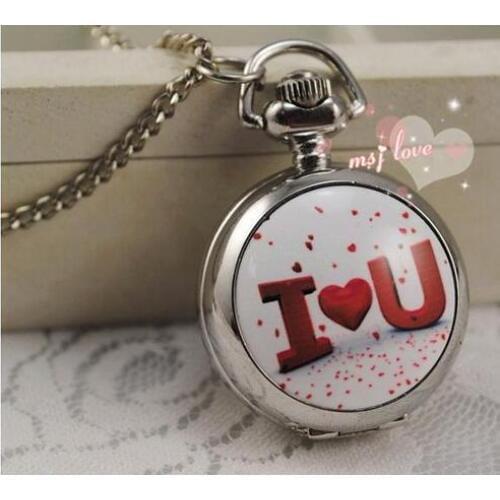 New Fashion design Enamel I LOVE YOU pattern pendant watches Retro Han edition sweater chain Necklace pocket watches PKJ10