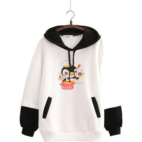 New Arrival Women Cute Penguin Print Plus Velvet Hooded Sweatshirt 2020 Winter Female Casual Warm Hoody Fleece Pullover 2010712