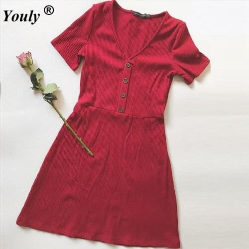 Slim Knee-Length Dress Knitted Elastic Short Sleeve Bodycon Elegant Women 2021 Summer Sexy V-Neck Button Party Mini Dresses