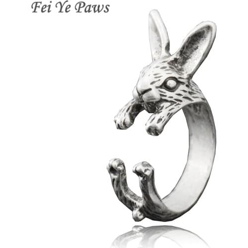 Fei Ye Paws Punk Rabbit & Bunny Metal Warp Ring For Women Mid Finger Adjustable Animal Couple Ring Girls Jewelry Party Gift Box