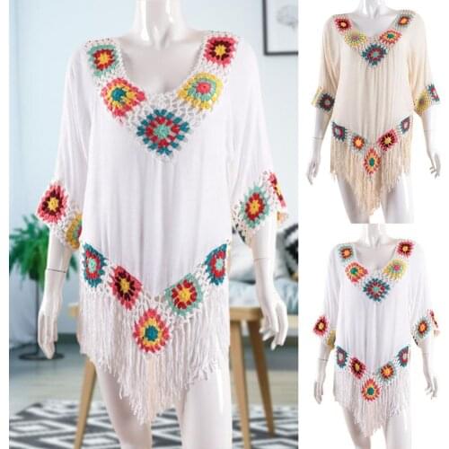 Bohemian Beach Cover Up for Women Knitted Flower Tassel White Balck Beachwear Swimsuit Swim Suit Woman Bikini Cover-ups Dress