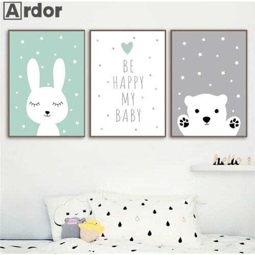 Be Happy My Baby Poster Cartoon Rabbit Bear Wall Art Print Painting Nursery Prints Child Nordic Wall Pictures Kids Room Decor