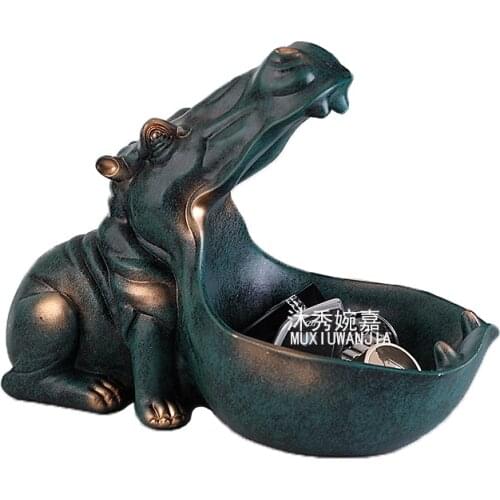 Resin Hippo Statue Hippopotamus Sculpture Figurine Home Decor Key Candy Container Decoration Room Table Escultura Accessories