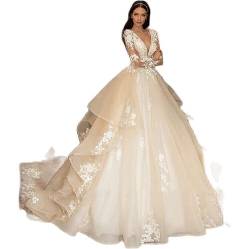 A-Line Boho Wedding Dress 2021 Princess Long Sleeve Bridal Gown V-Neckline Long Train Appliques Lace Bride Dresses Plus Size