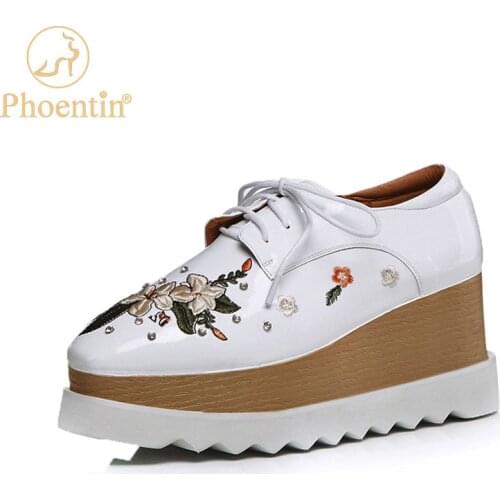 Phoentin Ethnic style flower embroidered deep-mouth shoes genuine leather lace up pumps fashion platform wedges shoes FT1541