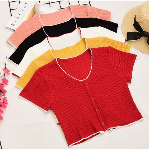 Buttons knitted Cropped Student T-shirt Pullover new female short sleeve simple tshirts tops for girls 2020 summer