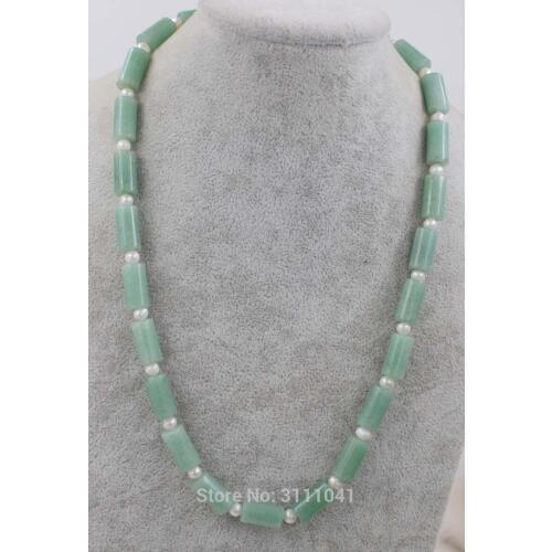 Green jade pillar 10*14mm freshwater pearl white round necklace 19inch wholesale beads nature FPPJ woman 2017