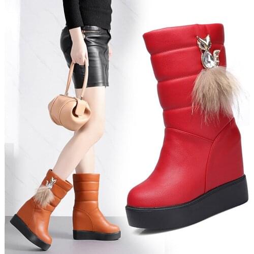 Winter Fashion Women Leather Mid-Calf Boots Waterproof Platform Wedge Snow Boots Comfortable Plush Warm 10cm High-heeled Shoes