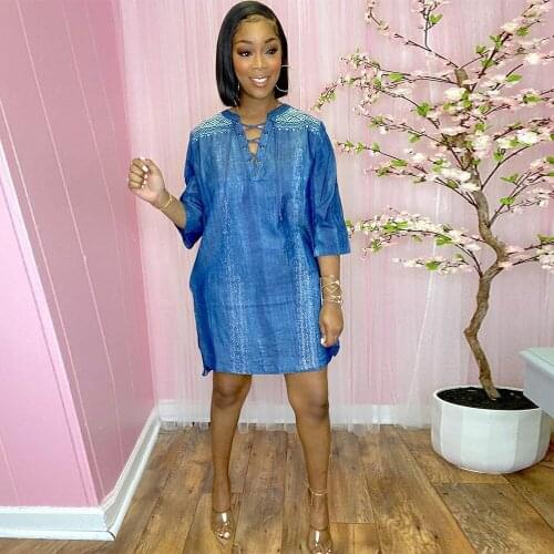 Womens Print Dresses Lace Up Hollow Out Three Quarter Sleeve Short Dress Vintage Casual Female Straight Loose Clubwear Robe