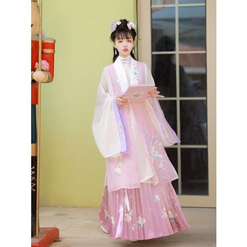 XinHuaEase Hanfu Womens Ancient Chinese Traditional Style Costume Ming Dynasty Vertical Collar Embroidered Slant Skirt Fairy