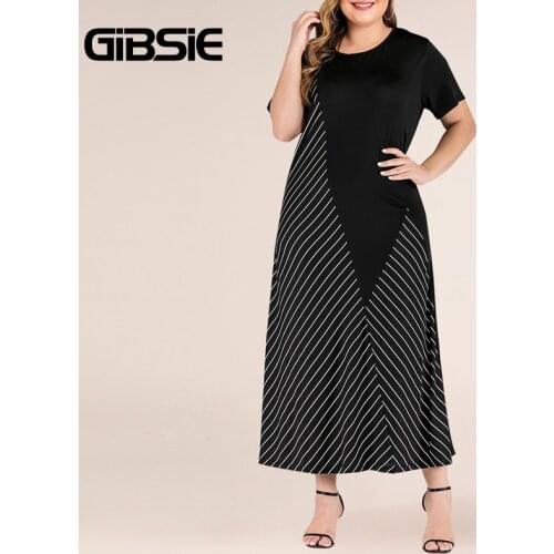 GIBSIE Plus Size Black Striped Colorblock Dress Women Casual Summer O-Neck Short Sleeve Dresses Fashion Ladies A-Line Long Dress