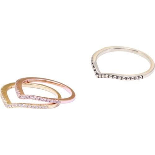 925 Sterling Silver Wish Bone Pan Ring Set With Crystal Stack Rings For Women Wedding Party Gift Fashion Jewelry