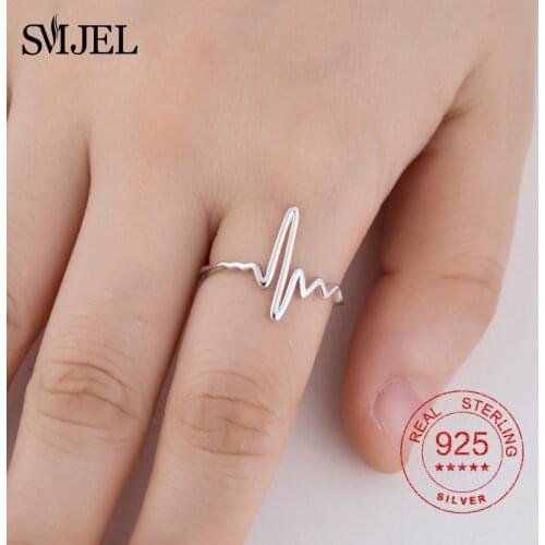 SMJEL 100% 925 Sterling Wave Rings Doctor Jewelry Lifeline Pulse Heartbeat Band Ring for Women Simple Vintage Accessories