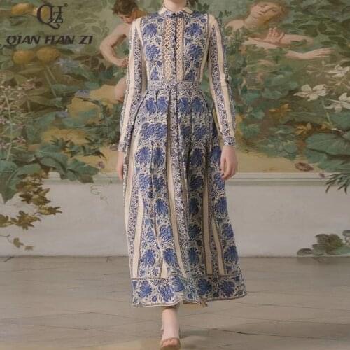 Qian Han Zi fashion runway Maxi dress Women long sleeves vintage Beaded pleated Casual Blue and white porcelain print Long dress