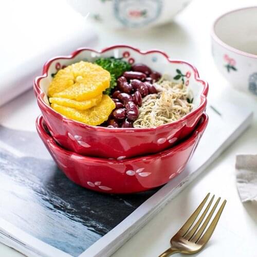 1pc Red Cherry Design Bowl Undergalzed Ceramic Salad Bowl Pasta Bowl Pudding Backing Bowl Microwave Safe Dinnerware Mini Bowl