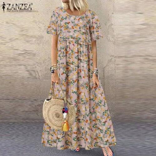 2021 ZANZEA Bohemian Women Short Sleeve Floral Printed Beach Sundress Summer Dress Vintage Maxi Vestidos Oversized Robe Femme