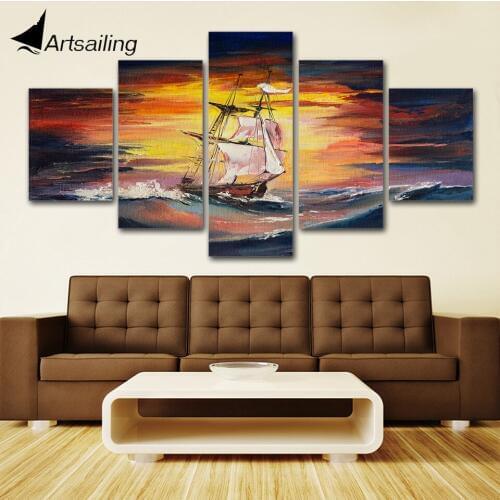 Canvas Print Pictures Wall Art Framework 5 Pieces Sea view wave sailboat PaintingPoster Modular Home Decor Living Room