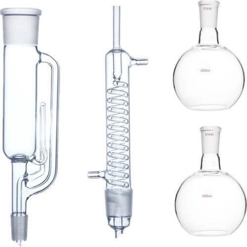 500ml 24/40 Glass Soxhlet Extractor Body & Graham Coil Condenser With Two Reservoir Flask