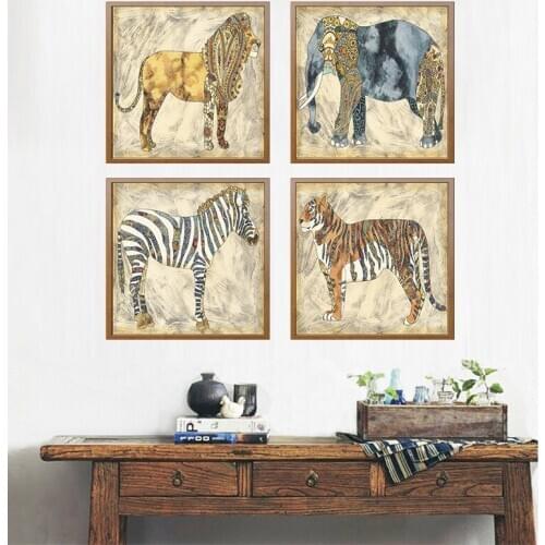 Abstract Tiger Lion Elephant Horse Modern Square Texture Canvas Painting Posters And Prints Decor Wall Pictures For Living Room