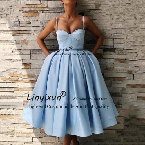 Elegant Blue Short Homecoming Dresses Sweetheart Spaghetti Straps Satin Party Dresses Knee-Length Pleated A-Line Prom Dresses