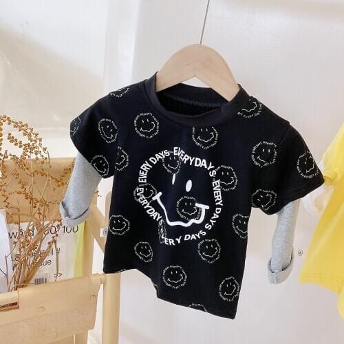 Toddler Boys Tshirt Spring New Kids Fashion Fake Two Cotton T Shirt Korean Letter Smiley Print Casual Tops for Boy Child Clothes