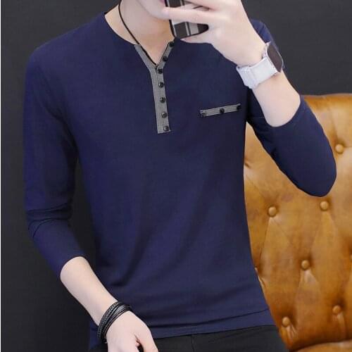 New mens long sleeve T-shirt autumn and winter cotton button V-neck clothes fashion mens casual bottom t shirt