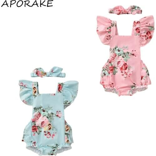 2021 0-12M Newborn Flower Print Outfits Baby Girl Playsuit Tie-Up Ruffled Fly Sleeve Square Collar Bowknot Romper+Headband 2pcs