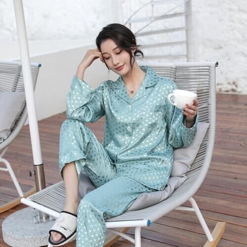 Women Spring Autumn New 2PCS Pajamas Set Lounge Faux Slik Nightwear Full Sleeve Shirt&Pant Home Wear Sweet Heart Print Sleepwear