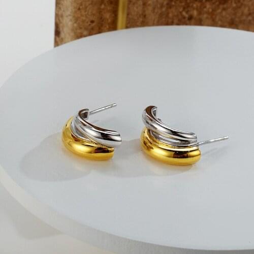 MLKENLY Korean Simple Design Pure S925 Sterling Silver Glossy Double-Colors Stud Earrings Arc-Shaped Silver 925 Fine Jewelry