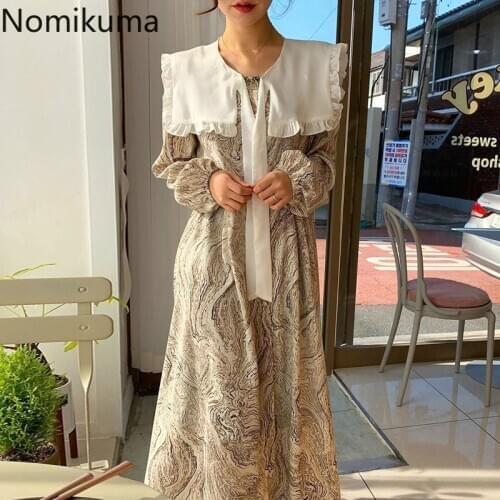 Nomikuma Korean Chic Dresses Contrast Color Printed A Line Slim Waist Vintage Dress Women Turn Down Collar Long Sleeve Vestidos