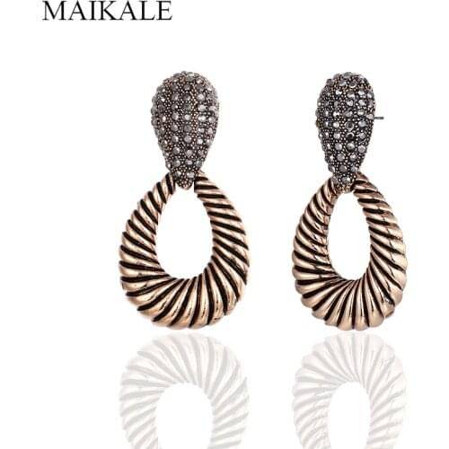 MAIKALE Vintage Creativity spiral Alloy Dangle Micro Inlay Rhinestone Drop Earring for Women Jewelry High Quality Exquisite Gift