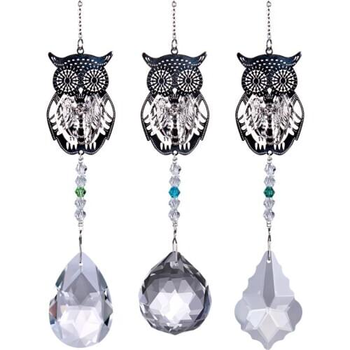 3D Metal Mechanical Steampunk Owl Prism Crystal Pendant Window Hanging Chimes Suncatcher Rainbow Maker For Garden Decorations
