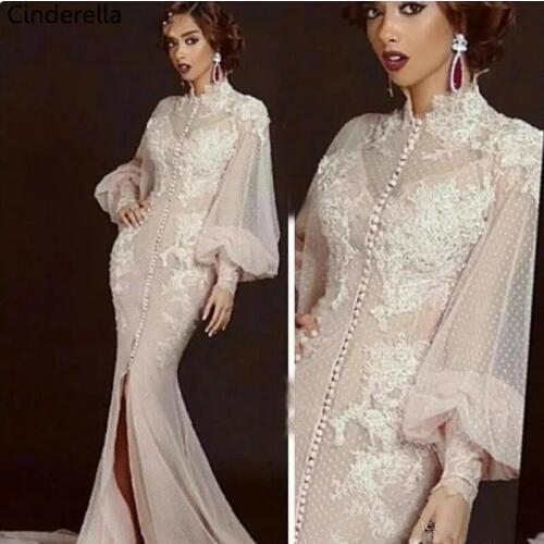 Cinderella High Neck Long Sleeves Front Slit Lace Applique Soft Tulle Mermaid Evening Dresses vestidos de fiesta de noche