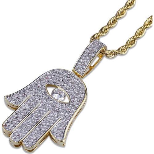 OMYFUN New Hip Hop Hamsa Pendant Necklace Rapper Bling CZ Iced Hand Pendants Party Jewelry Necklace & Pendant Dropshipping